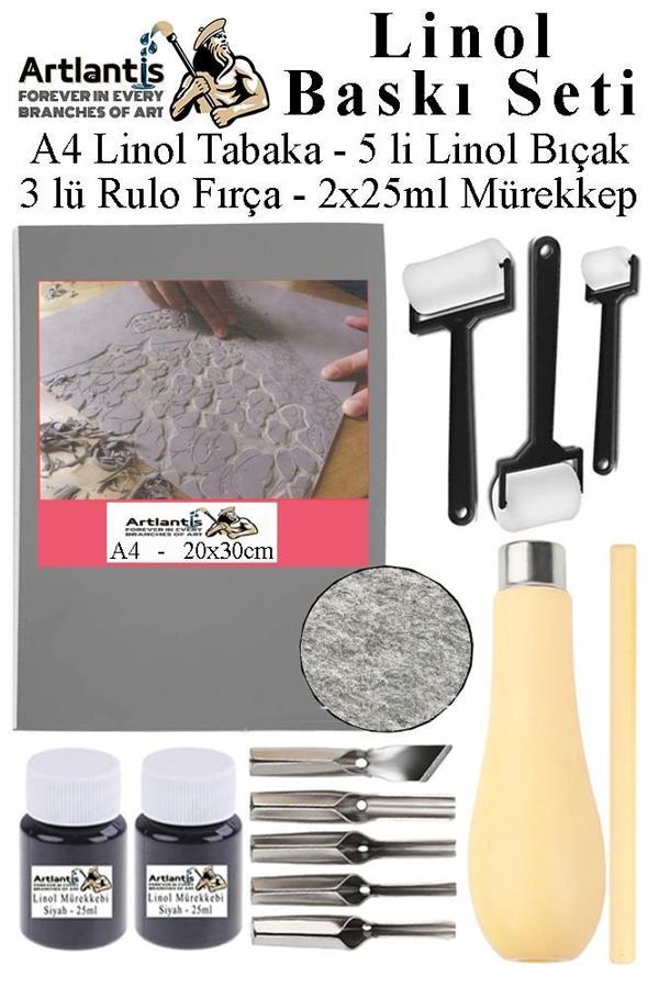 Linol Baskı Seti 1 Paket A4 20x30 Linolyum Tabaka Gri Linol Oyma Seti 5 Bıçaklı Rulo Fırça Mürekkep Linol Baskı Seti  - Image 1