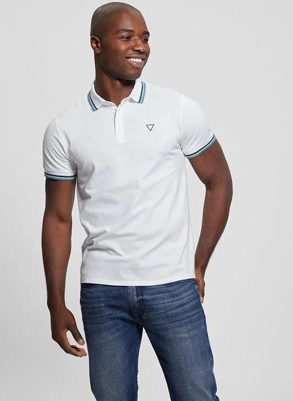 Guess Erkek Beyaz Spor Pike Triangle Polo Tişört - Image 1