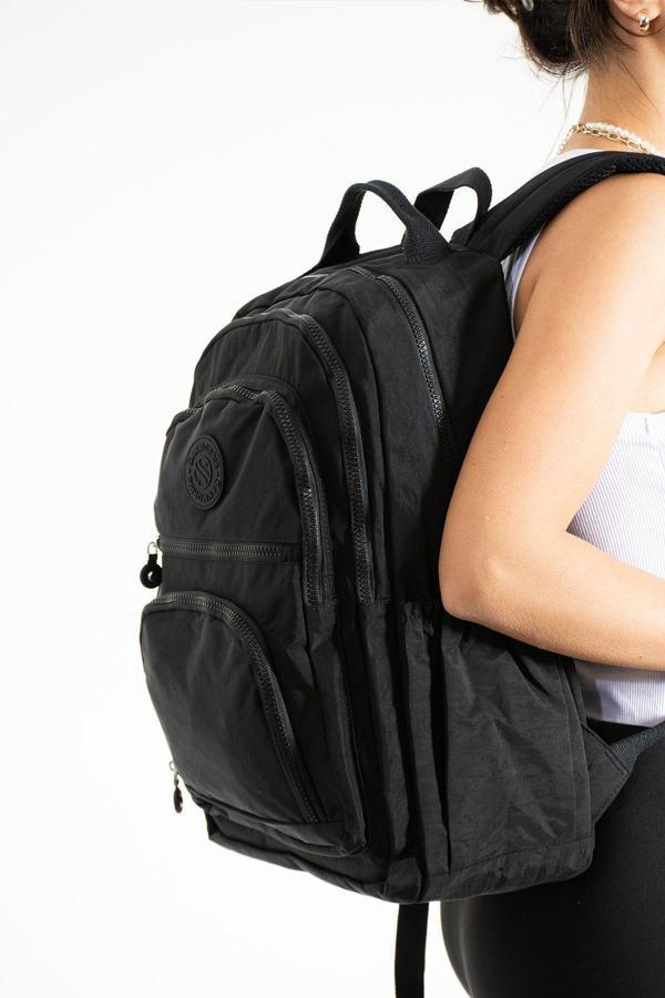 Unisex Suya Dayanıklı Krinkıl Kumaş Çok Gözlü Orta Boy Siyah Renkli Laptop Okul Ve Sırt Çantası - Image 1