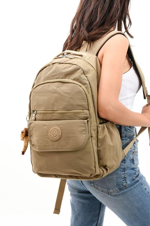 Unisex Suya Dayanıklı Kumaş Bej Renkli Laptop Bölmeli Büyük Boy Okul Seyahat Sırt Çantası - Image 1