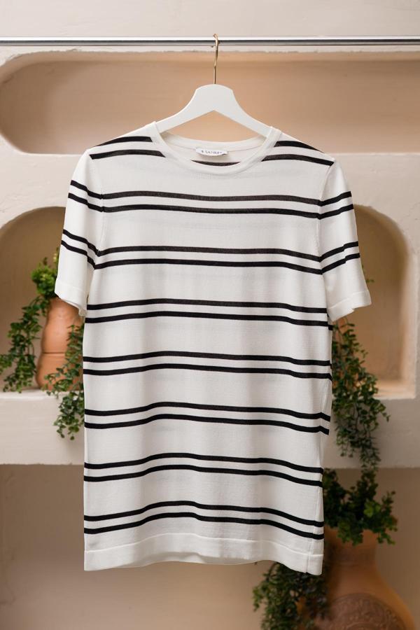 San&Fa Bisiklet Yaka Çizgili Rayon Kumaş Slimfit T-shirt - Image 1