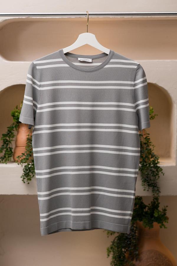 San&Fa Bisiklet Yaka Çizgili Rayon Kumaş Slimfit T-shirt - Image 1