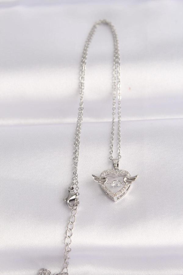 Zarif Kadın için Silver Çelik Zincir Zirkonlu Kanatlı Kalp Kolye - Image 1