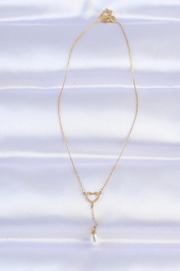 Zarif Kadın için Golden Çelik Zincir İnci Taşlı Kalp Kolye - Image 1