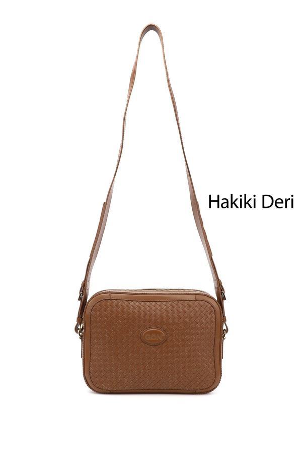 Kadın Taba Antik Hakiki Deri Hasır Örgü Uzun Askılı Omuz Çantası - Image 1