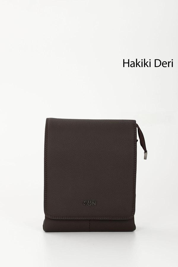 Unisex Kahverengi Uzun Askılı Hakiki Deri Evrak Omuz Çantası - Image 1