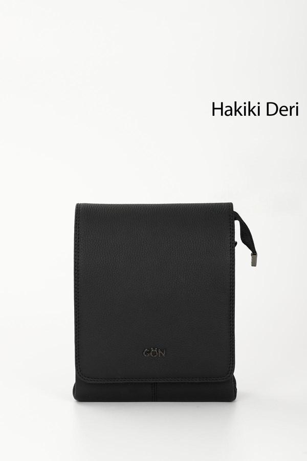 Unisex Siyah Uzun Askılı Hakiki Deri Evrak Omuz Çantası - Image 1