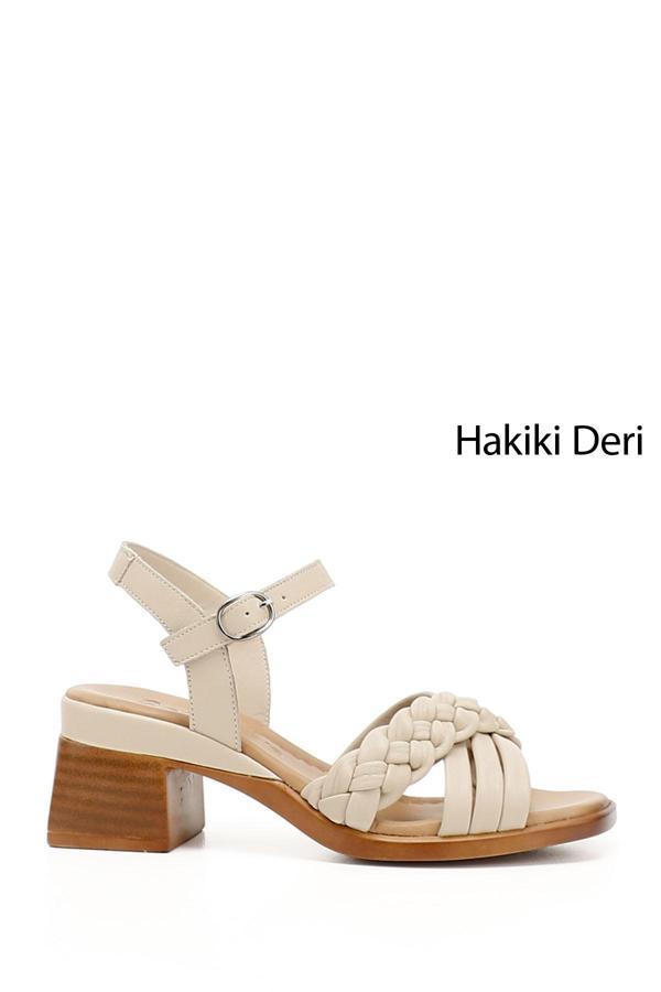 Kadın Bej Antik Kalın Topuklu Hakiki Deri Sandalet - Image 1