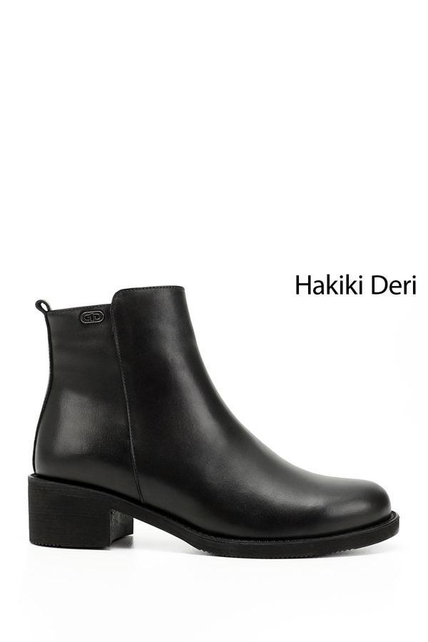 Kadın Siyah Fermuarlı Kalın Topuklu Hakiki Deri Bot - Image 1
