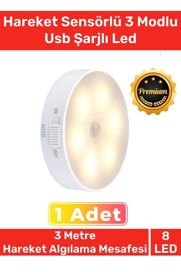 Premium Üretim Mıknatıslı 3 Mod Pratik Hareket Sensörlü 8 Ledli Usb Şarjlı Beyaz Işık Gece Lambası - Image 1