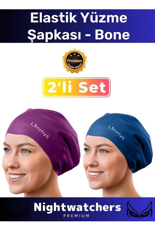 Deluxe Su Geçirmez Sızdırmaz Renkli Silikon Yüzücü Havuz Deniz Bone Elastik Yüzme Şapkası 2'li Set - Image 1