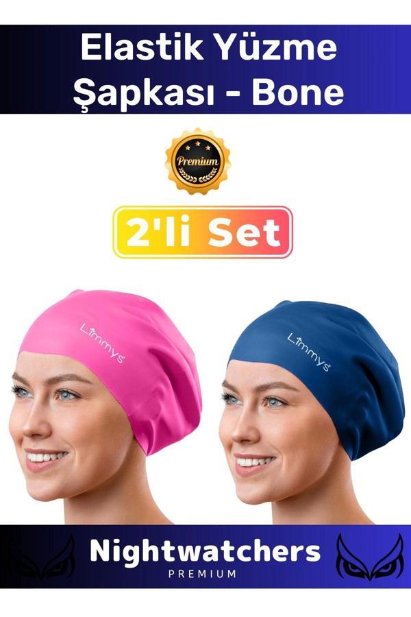 Deluxe Su Geçirmez Sızdırmaz Renkli Silikon Yüzücü Havuz Deniz Bone Elastik Yüzme Şapkası 2'li Set - Image 1