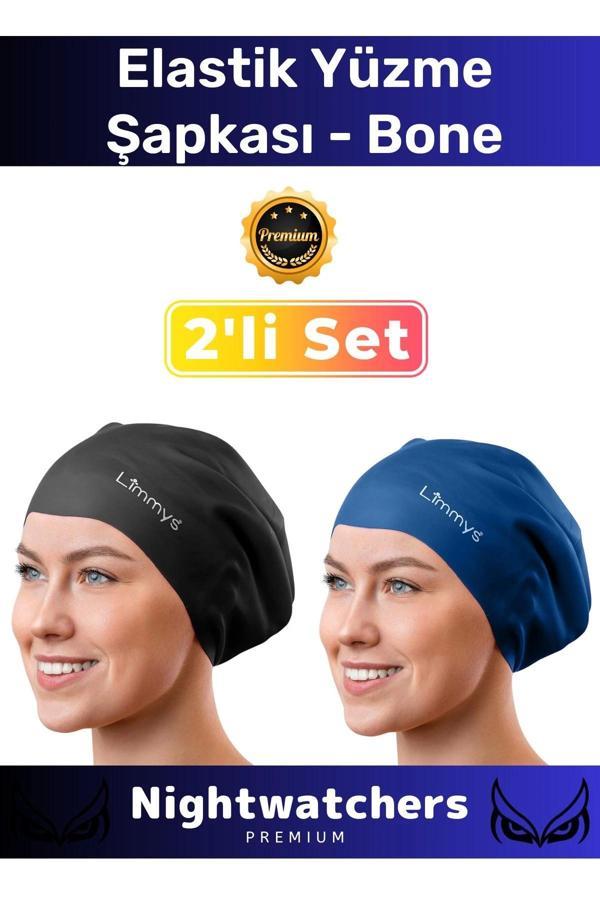 Deluxe Su Geçirmez Sızdırmaz Renkli Silikon Yüzücü Havuz Deniz Bone Elastik Yüzme Şapkası 2'li Set - Image 1