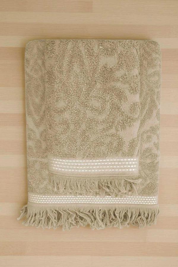2 Parça Jakarlı Banyo Havlu Takımı %100 Pamuklu 90x150 Cm Arden Bej - Image 1
