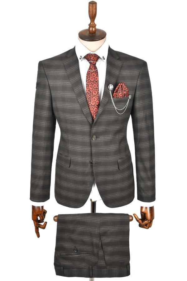 DeepSEA Erkek Antracite Slim Fit Kesim Ekose Desenli Çift Düğme Tek Yırtmaç 2 Li Takım Elbise 2300271 - Image 1