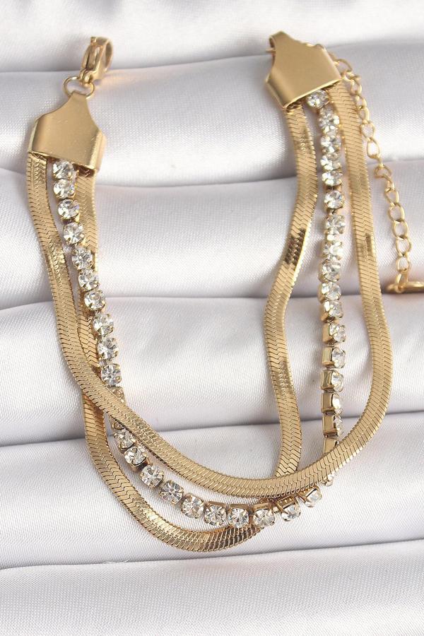 316L Çelik Gold Renk 2'Li İtalyan Zincir Model Zirkon Taşlı Kadın Bileklik - TJ-BB6772 - Image 1