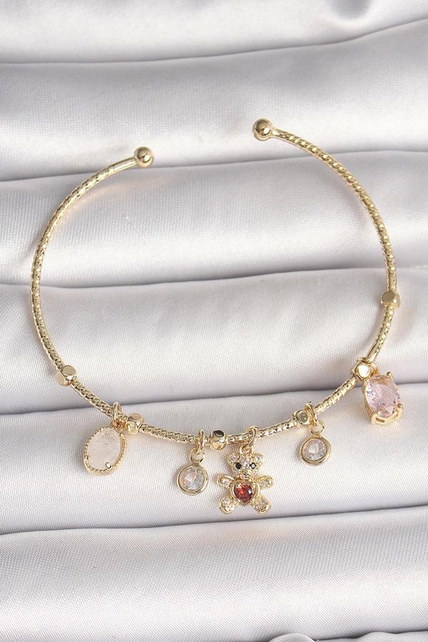 Pirinç Gold Renk Sallantı Zirkon Taşlı Ayıcık Figür Kırmızı Kalp Detay Charm Kadın Bileklik - TJ-BB6 - Image 1