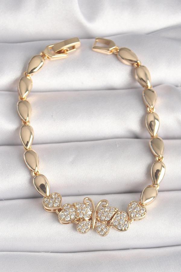 Pirinç Gold Renk Zirkon Taşlı Kelebek Figür Damla Zincir Model Kadın Bileklik - TJ-BB6840 - Image 1