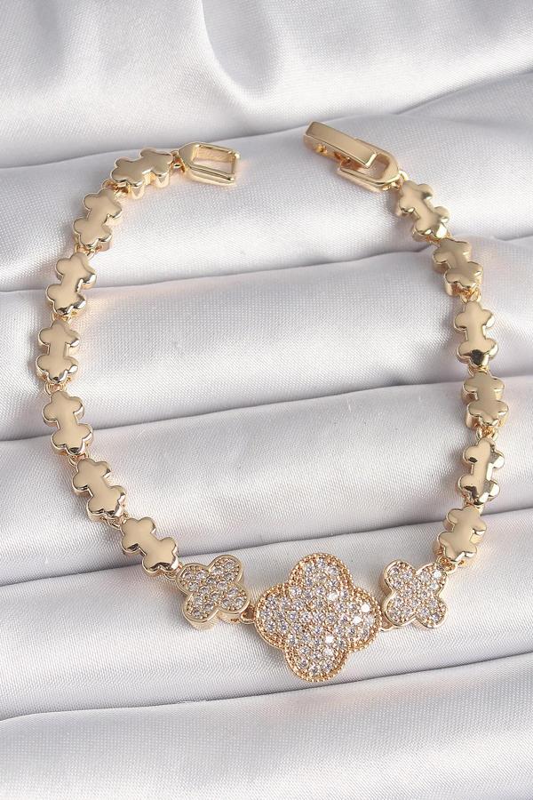 Pirinç Gold Renk Zirkon Taşlı Yonca Model Zincir Kadın Bileklik - TJ-BB6822 - Image 1