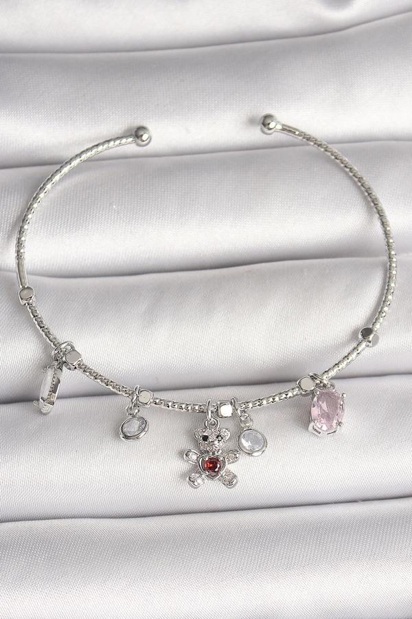 Pirinç Gümüş Renk Sallantı Zirkon Taşlı Ayıcık Figür Kırmızı Taş Detay Charm Kadın Bileklik - TJ-BB6 - Image 1