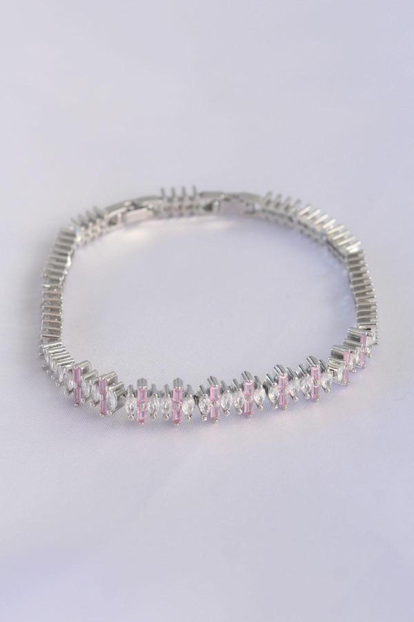 Vip Seri Pirinç Pembe Zirkon Taşlı Gümüş Renk Baget Model Bileklik - TJ-BB6071 - Image 1
