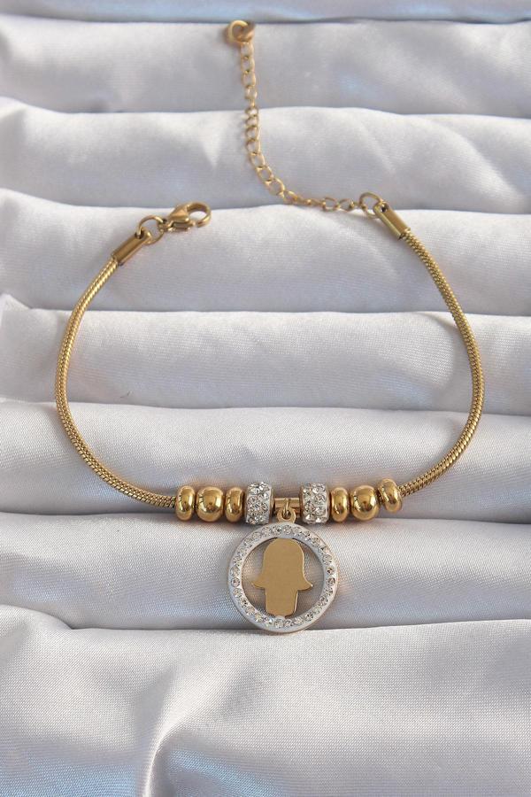 316L Çelik Gold Renk Zirkon Taş Aksesuarlı Fatma Ana Eli Bileklik - TJ-BB6233 - Image 1