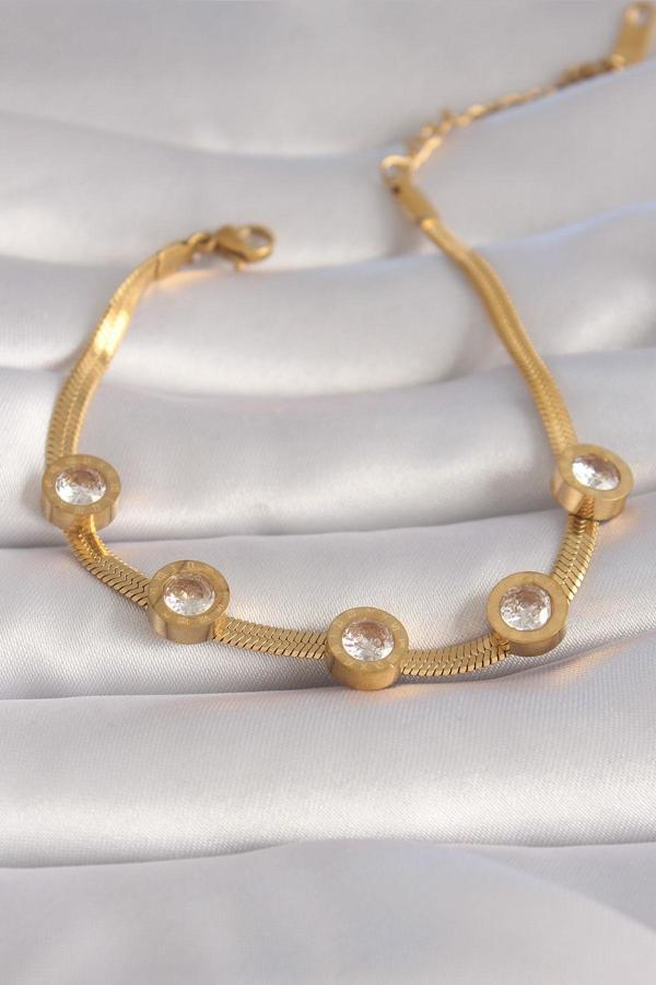 316L Çelik Gold Renk Zirkon Taşlı İtalyan Zincir Model Kadın Bileklik - TJ-BB6007 - Image 1