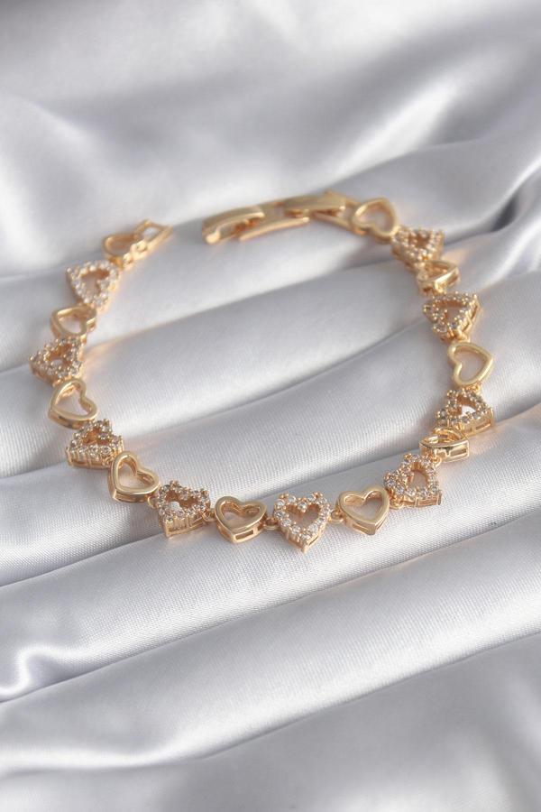 316L Çelik Gold Renk Zirkon Taşlı Kalp Model VIP Seri Kadın Bileklik - TJ-BB5847 - Image 1