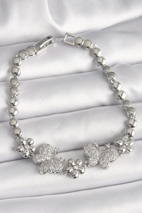 Pirinç Gümüş Renk Zirkon Taşlı Kelebek Figür Çiçek Zincir Model Kadın Bileklik - TJ-BB6827 - Image 1