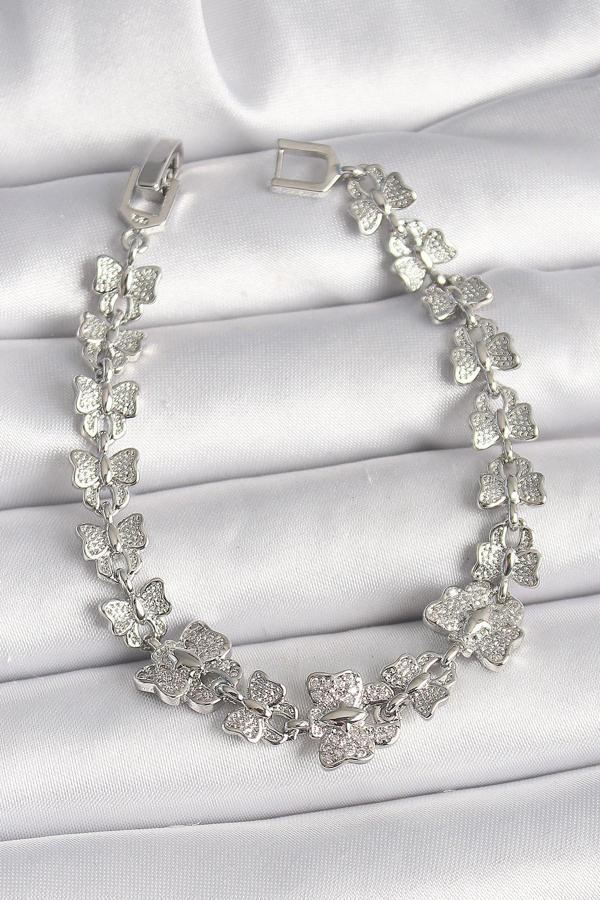 Pirinç Gümüş Renk Zirkon Taşlı Kelebek Model Zincir Kadın Bileklik - TJ-BB6835 - Image 1
