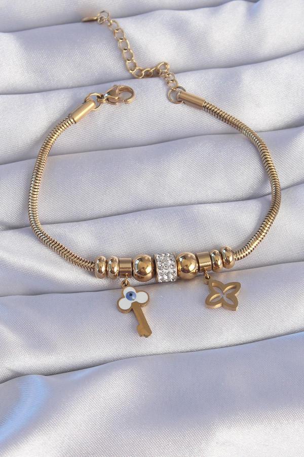 316L Çelik Gold Renk Zirkon Taşlı Yonca Detay Nazarlı Anahtar Tasarımlı Bileklik - TJ-BB6203 - Image 1