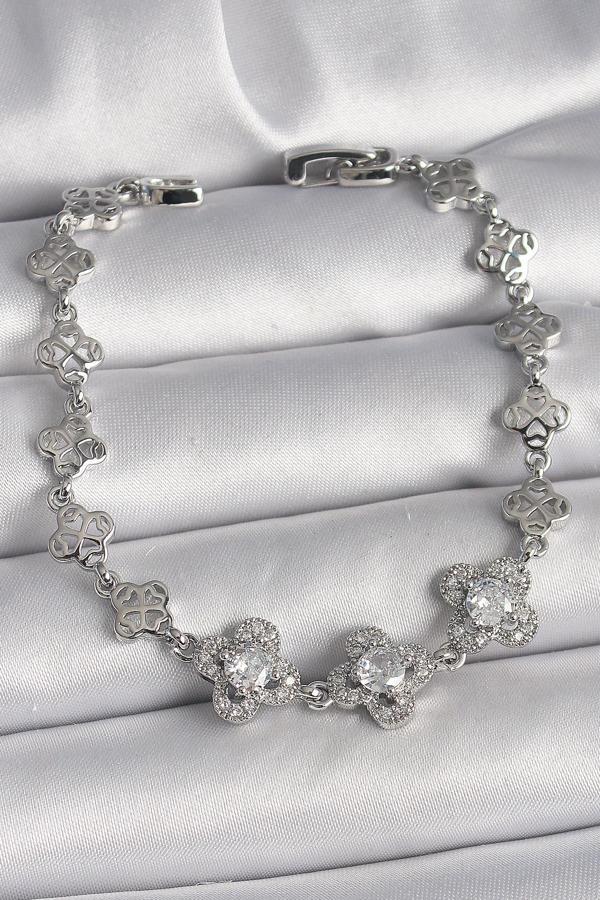 Pirinç Gümüş Renk Zirkon Taşlı Yonca Model Kadın Bileklik - TJ-BB6813 - Image 1