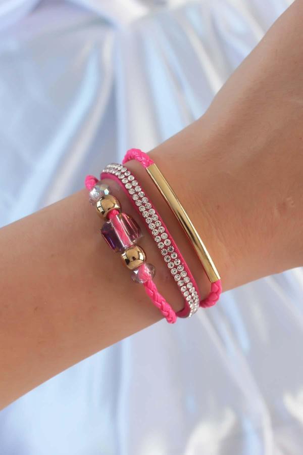 Pembe Renk Zirkon Taşlı Deri Çoklu Bileklik - TJ-BB6350 - Image 1