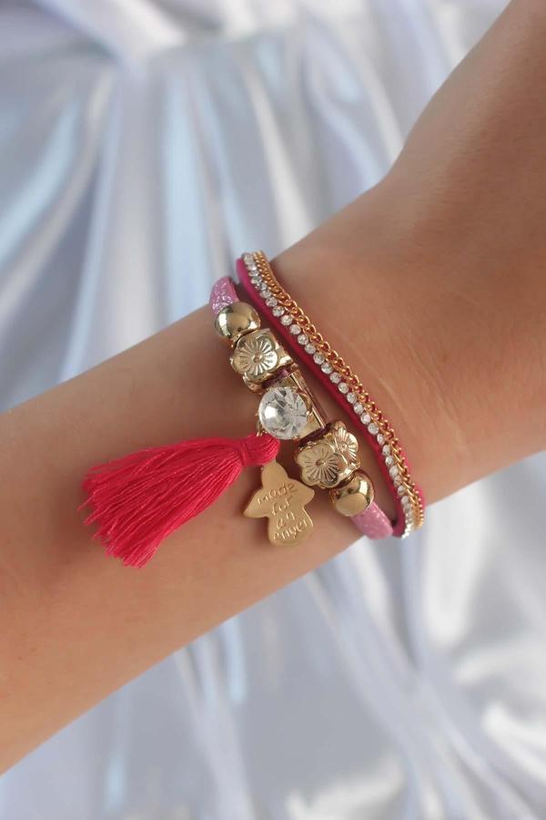 Pembe Renk Zirkon Taşlı Püskül Detay Deri Çoklu Bileklik - TJ-BB6343 - Image 1
