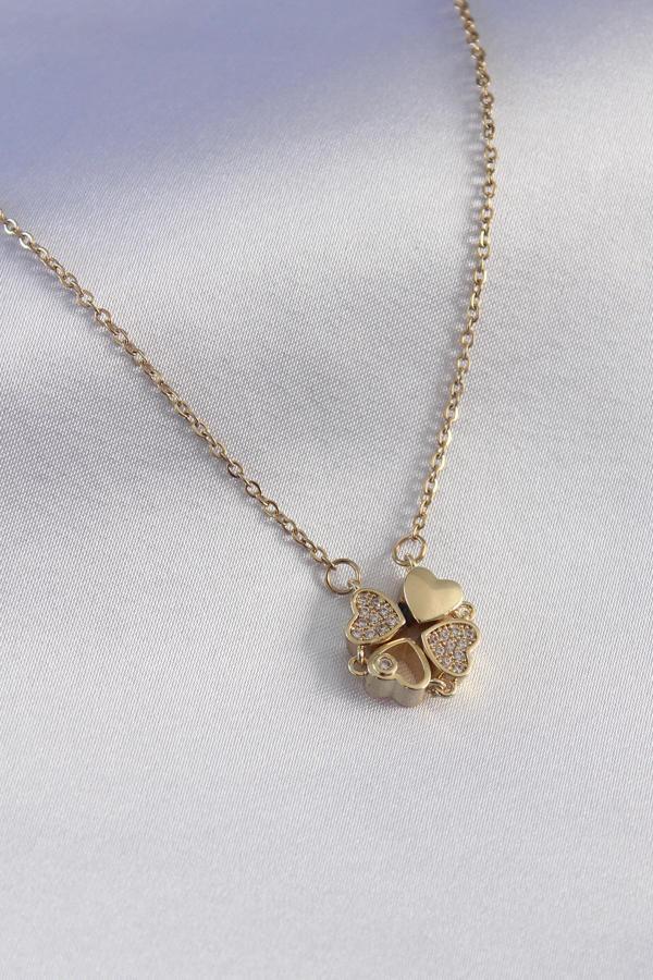 316L Çelik Gold Renk Açılır Yonca Model Zirkon Taşlı Kadın Kolye - TJ-BKO7292 - Image 1