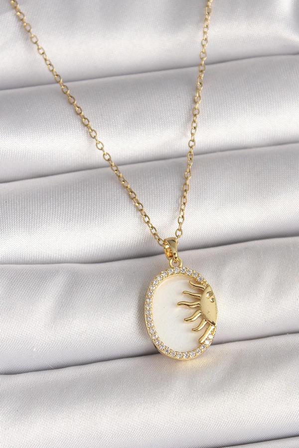 316L Çelik Gold Renk Zincir Beyaz Mineli Gün Batımı Model Zirkon Taş Detay Kadın Kolye - TJ-BKO10002 - Image 1