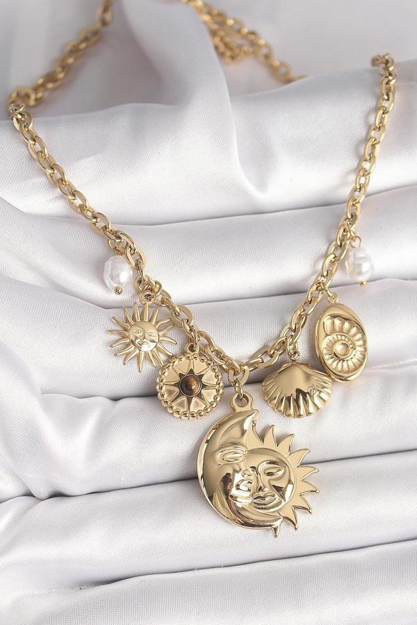 316L Çelik Gold Renk Ay Güneş Figür Deniz Kabuğu Detay Kadın Kolye - TJ-BKO9913 - Image 1