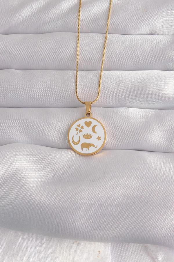 316L Çelik Gold Renk Beyaz Mineli Karışık Figürlü Tarot Kolye - TJ-BKO9041 - Image 1