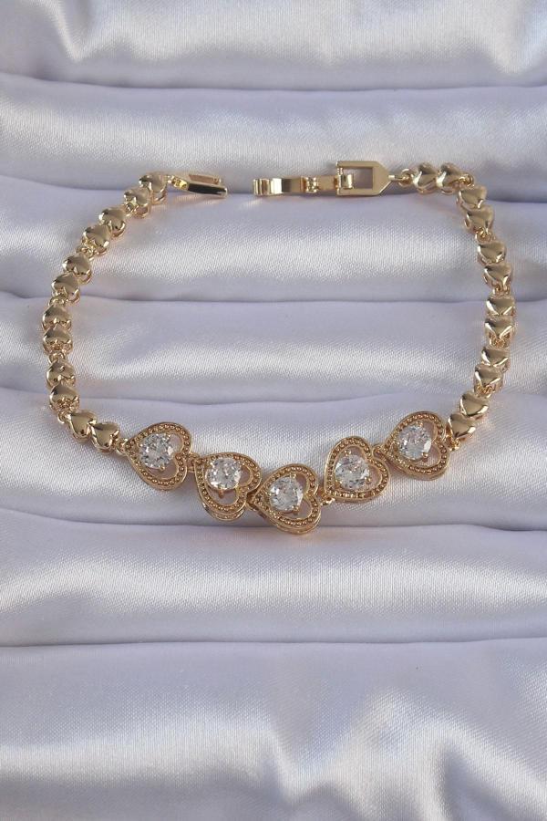 Pirinç Gold Renk İçi Zirkon Taşlı Kalp Figürlü Bileklik - TJ-BB6140 - Image 1