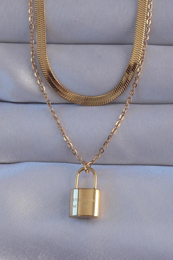 316L Çelik Gold Renk Çift Zincir Kilit Model Kolye - TJ-BKO8941 - Image 1