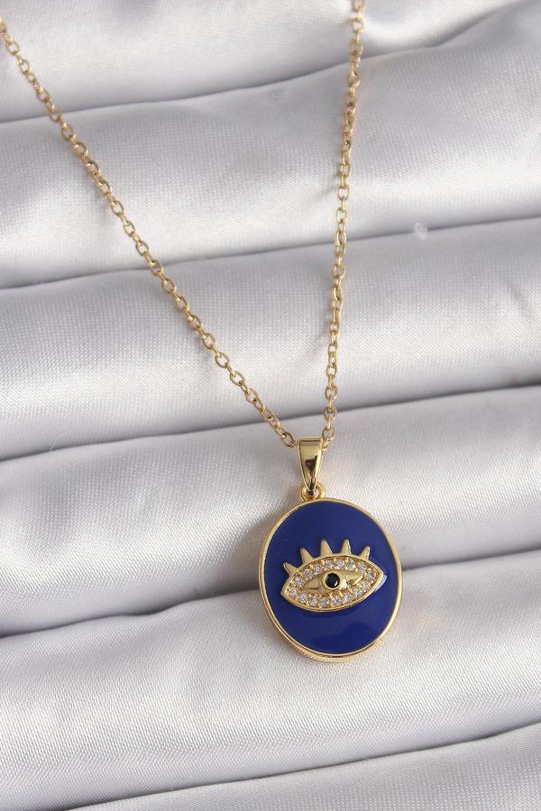 316L Çelik Gold Renk Zincir Mavi Mineli Zirkon Taşlı Göz İşleme Kadın Kolye - TJ-BKO9505 - Image 1