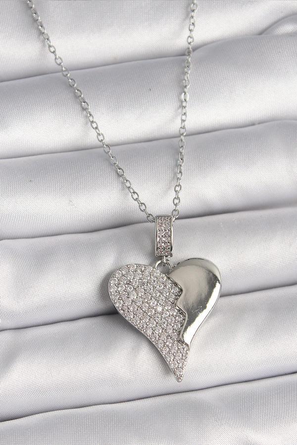 316L Çelik Gümüş Renk Zincir Zirkon Taşlı Kırık Kalp Model Kadın Kolye - TJ-BKO9756 - Image 1