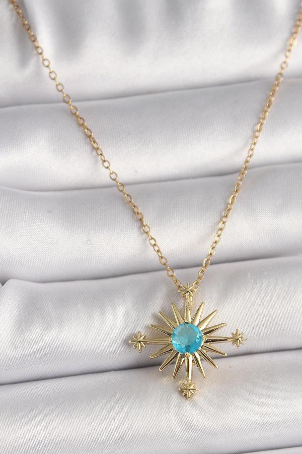 316L Çelik Gold Renk Zincir Mavi Taş Detaylı Kuzey Yıldız Model Kadın Kolye - TJ-BKO9806 - Image 1