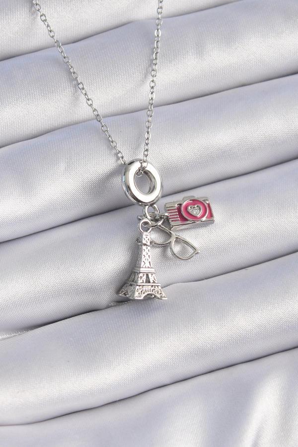 316L Çelik Gümüş Renk Eyfel Kule Fotoğraf Makinesi Model Charm Kadın Kolye - TJ-BKO9307 - Image 1