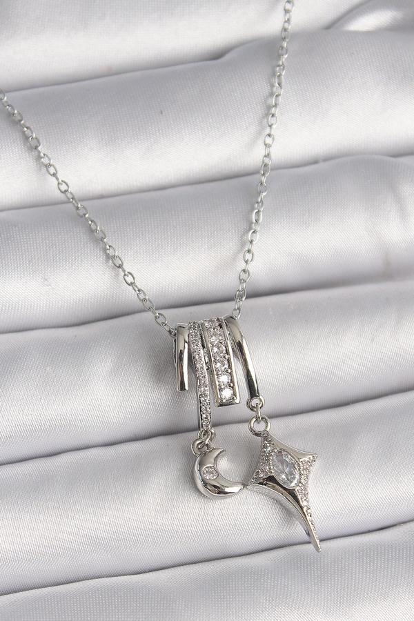 316L Çelik Gümüş Renk Zincir Zirkon Taşlı Sallantı Hilal Yılıdız Model Kadın Charm Kolye - TJ-BKO974 - Image 1