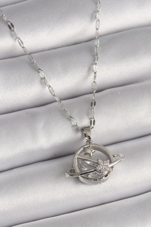 316L Çelik Gümüş Renk Zincir Zirkon Taşlı Yıldız Detay Gezegen Model Kadın Kolye - TJ-BKO9643 - Image 1