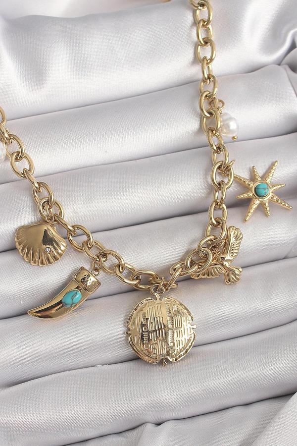 316L Çelik Gold Renk Zincir Sallantılı Çoklu Figür Model Kadın Kolye - TJ-BKO9849 - Image 1