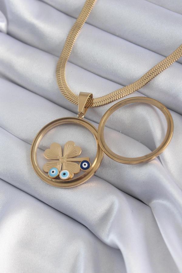 316L Çelik Gold Renk İtalyan Zincir Açılabilir Fanus Yonca Figür Model Kadın Kolye - TJ-BKO8281 - Image 1
