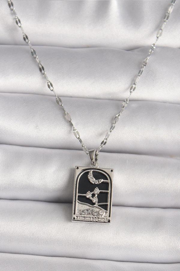 316L Çelik Gümüş Renk Zirkon Taşlı  Ay Figürlü Taror Model Kadın Kolye - TJ-BKO9685 - Image 1