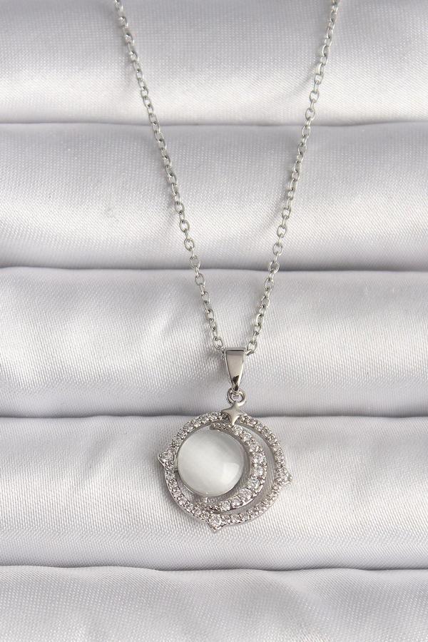 316L Çelik Gümüş Renk Zirkon Taşlı Beyaz Sedefli Hilal Model Kadın Kolye - TJ-BKO9702 - Image 1